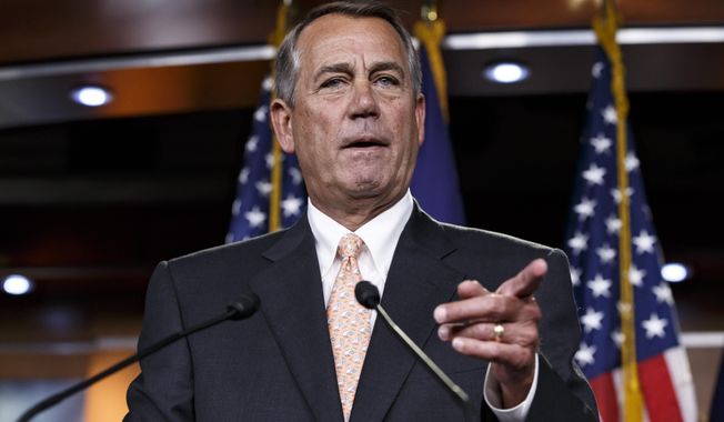 In this Feb. 26, 2015, file photo, then-House Speaker John Boehner of Ohio speaks during a news conference on Capitol Hill in Washington. (AP Photo/J. Scott Applewhite)