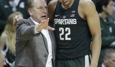Michigan State coach Tom Izzo talks with guard Miles Bridges (22) during the second half of the team&#39;s NCAA college basketball game against Nebraska, Thursday, Feb. 23, 2017, in East Lansing, Mich. (AP Photo/Carlos Osorio)