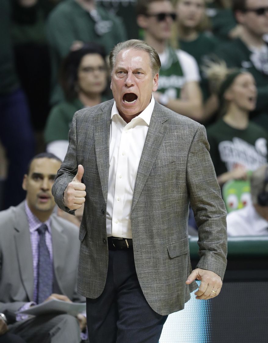 Michigan State coach Tom Izzo yells from the sideline during the first half of the team&#39;s NCAA college basketball game against Nebraska, Thursday, Feb. 23, 2017, in East Lansing, Mich. (AP Photo/Carlos Osorio)