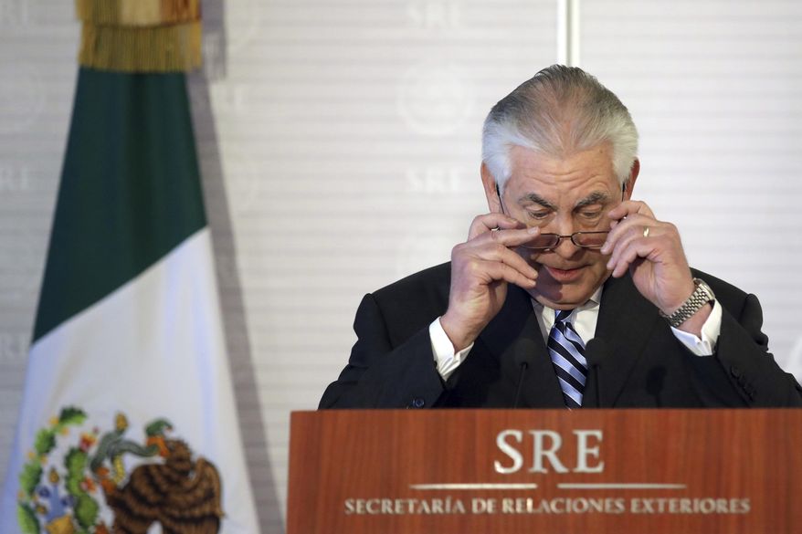 Secretary of State Rex Tillerson speaks at the Ministry of Foreign Affairs in Mexico City, Mexico, Thursday, Feb. 23, 2017, following a meeting with Mexico's Foreign Secretary Videgaray. (Carlos Barria/Pool Photo via AP)