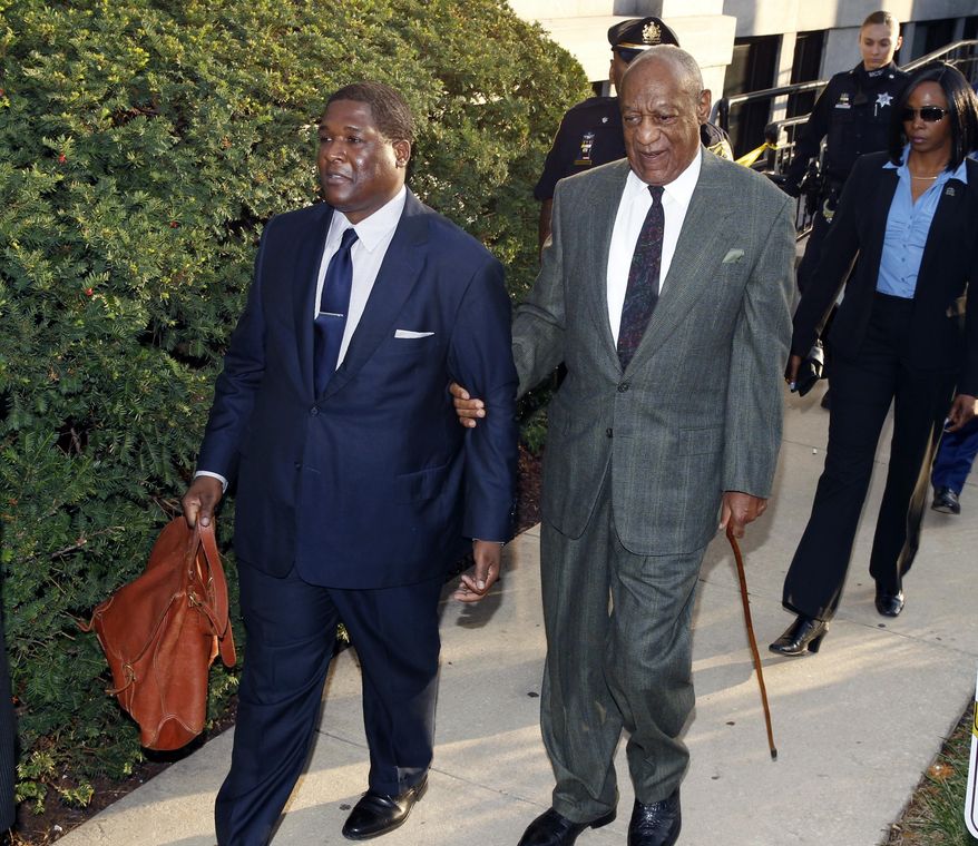 FILE--This file photo from Nov. 2, 2016, shows Bill Cosby, center, as he leaves following a hearing in his sexual assault case at the Montgomery County Courthouse in Norristown, Pa. Montgomery County Judge Steven O'Neill will let only one other accuser testify at Cosby's sexual assault trial to bolster charges that the actor drugged and molested a woman at his estate near Philadelphia. The judges ruling made on Friday, Feb. 24, 2017, means prosecutors cannot call 12 other women to try to show that the 79-year-old comedian has a history of similar "bad acts." Cosby is set to go on trial in June over the 2005 complaint by a former Temple University employee. (AP Photo/Mel Evans, FILE)