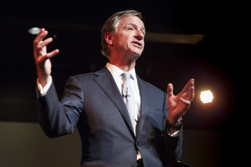 Republican Gov. Bill Haslam discusses his proposal to boost transportation funding in Tennessee in Algood, Tenn., on Thursday, Feb. 23, 2017. There is a growing call among lawmakers from both parties that the governor's plan to should include more middle-class tax breaks to offset the plan to raise the state's gas tax for the first time since 1989. (AP Photo/Erik Schelzig)