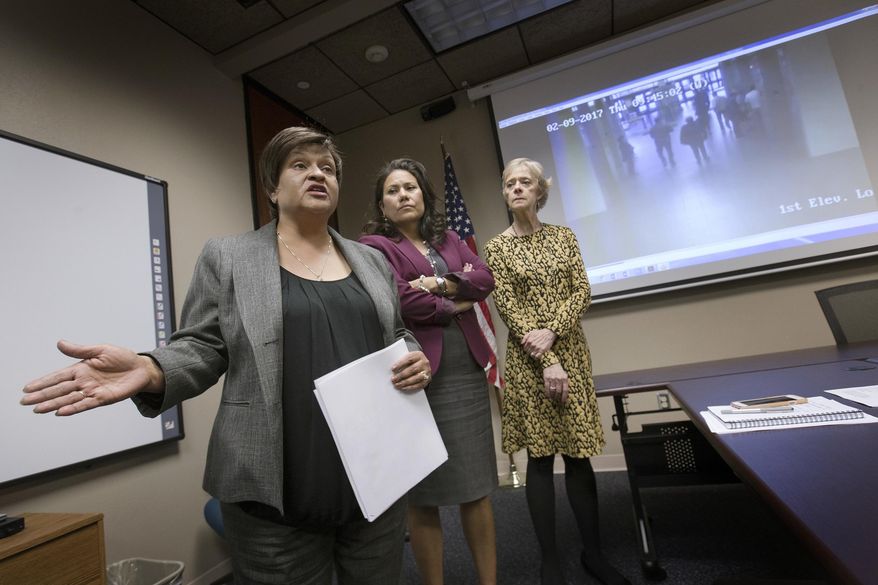 In this Thursday, Feb. 16, 2017 photo, El Paso County Attorney Jo Anne Bernal, left, answers a question in El Paso, Texas, as County Judge Veronica Escobar and Center Against Sexual and Family Violence Executive Director Stephanie Karr listen as the three take questions from local media concerning the arrest of Irvin Gonzalez. The arrest by federal authorities in El Paso of the transgender woman who was seeking protection from an abusive boyfriend has led to questions about what lengths authorities will go to apprehend people under newly stepped-up immigration policies. (Mark Lambie /The El Paso Times via AP)