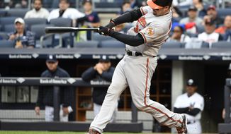 FILE - In this Oct. 2, 2016 file photo, Matt Wieters, then with the Baltimore Orioles, hits a two-run home run against the New York Yankees, in New York. The Washington Nationals agreed to terms on a one-year contract with a 2018 player option with catcher Matt Wieters on Friday, Feb. 24, 2017. (AP Photo/Kathy Kmonicek, File)