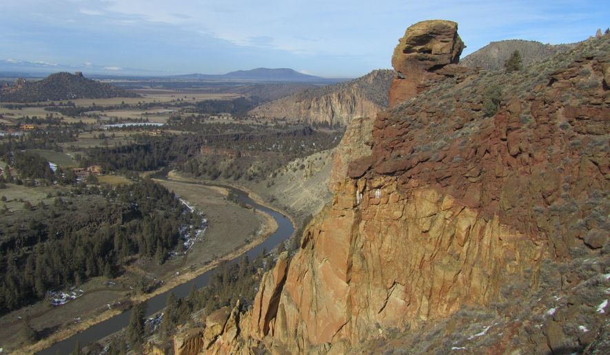 This undated photo shows Misery Ridge in Oregon's Smith Rock State Park. The Misery Ridge Trail starts just across the footbridge that spans the Crooked River in the main area of the park. (The Bulletin via AP)