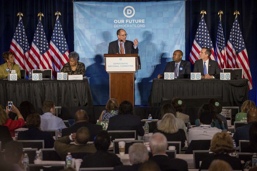 Former Labor Secretary Tom Perez, who is a candidate to run the Democratic National Committee, speaks during the general session of the DNC winter meeting in Atlanta, Saturday, Feb. 25, 2017. (AP Photo/Branden Camp)