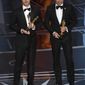 Alan Barillaro, left, and Marc Sondheimer accept the award for best animated short film for &amp;quot;Piper&amp;quot; at the Oscars on Sunday, Feb. 26, 2017, at the Dolby Theatre in Los Angeles. (Photo by Chris Pizzello/Invision/AP)