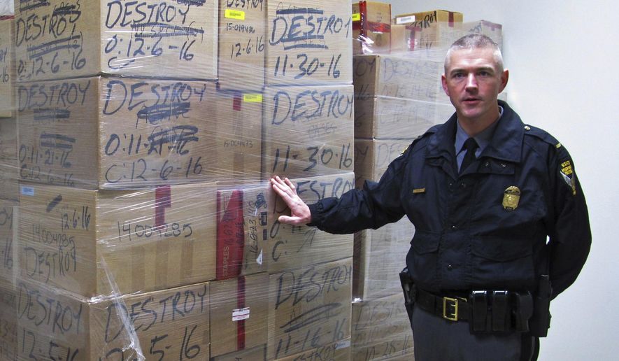 FILE – In this Dec. 22, 2016, file photo, Ohio State Highway Patrol Lt. Robert Sellers discusses record drug seizures in 2016, as he stands next to boxes of seized drugs due for disposal in Columbus, Ohio. A police relations board created by Republican Ohio Gov. John Kasich approved a standard Feb. 17, 2017, that will require all Ohio police departments to collect data on the race and gender of people pulled over in traffic stops, or taken aside for questioning. The Ohio State Highway Patrol has collected the race and gender of drivers stopped by troopers since 2000, and Sellers said supervisors randomly review video of stops each month and run monthly and quarterly reports. (AP Photo/Andrew Welsh-Huggins, File)