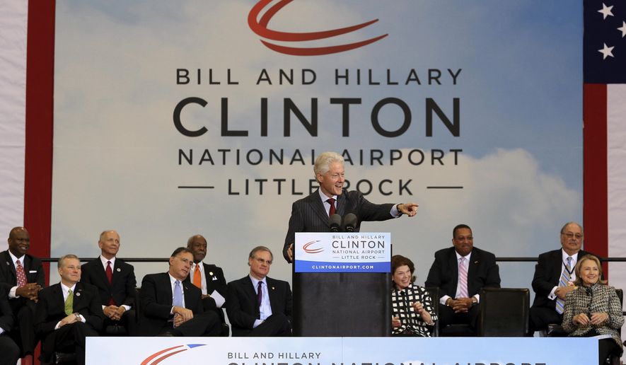 FILE - In this May 3, 2013, file photo, former President Bill Clinton speaks at ceremonies in Little Rock, Ark., to dedicate the Bill and Hillary Clinton National Airport. With his party now holding all of the levers of power in Arkansas politics, Sen. Jason Rapert, a Republican state lawmaker, is pushing to remove the names of the state’s most famous Democrats _ Bill and Hillary Clinton _ from Little Rock’s airport. (Staton Breidenthal/The Arkansas Democrat-Gazette via AP, File)