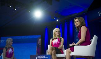 Counselor to President Donald Trump Kellyanne Conway (left) is interviewed by then-Washington Times columnist Mercedes Schlapp (right) on the second day of the American Conservative Union CPAC 2017 at the Gaylord National Resort and Convention Center in National Harbor, Md., Thursday, February 23, 2017. (Photo Rod Lamkey Jr.) ** FILE **