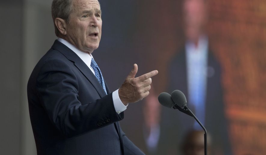 FILE - In this Sept. 24, 2016 file photo, former President George W. Bush speaks in Washington. Bush said Monday, Feb. 27, 2017, &quot;we all need answers&quot; on the extent of contact between President Donald Trump&#39;s team and the Russian government, and he defended the media&#39;s role in keeping world leaders in check. (AP Photo/Manuel Balce Ceneta, File)