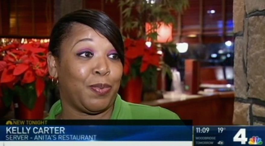 Waitress Kelly Carter of Anita's Ashburn, Virginia, claimed in January that a customer wrote a racist message on his bill. (NBC 4 Washington, D.C. screenshot)