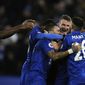 Leicester players celebrate after Leicester&#x27;s Daniel Drinkwater scored during the English Premier League soccer match between Leicester City and Liverpool at the King Power Stadium in Leicester, England, Monday, Feb. 27, 2017. (AP Photo/Rui Vieira)
