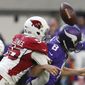 FILE - In this Nov. 20, 2016, file photo, Arizona Cardinals outside linebacker Chandler Jones, left, hits Minnesota Vikings quarterback Sam Bradford as he tries to pass during the second half of an NFL football game, in Minneapolis. The Cardinals have placed a non-exclusive franchise tag on outside linebacker Chandler Jones after failing to reach a long-term deal with the player. The &amp;quot;non-exclusive&amp;quot; tag allows the Cardinals to continue negotiating with Jones through July 15. (AP Photo/Jim Mone, File)