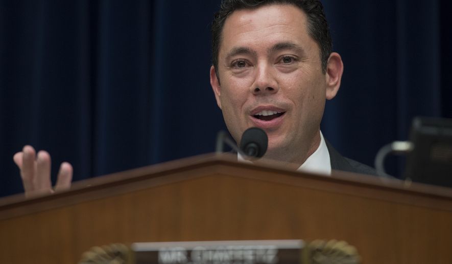 FILE - In this Sept. 8, 2016 file photo, House Oversight and Government Reform Committee Chairman Rep. Jason Chaffetz, R-Utah speaks on Capitol Hill in Washington. According to an Interior Department inspector general report released Monday, Feb. 27, 2017, The department's law enforcement director "demonstrated a pattern of unprofessional behavior" by touching and hugging female employees and making flirtatious remarks. (AP Photo/Molly Riley, File)