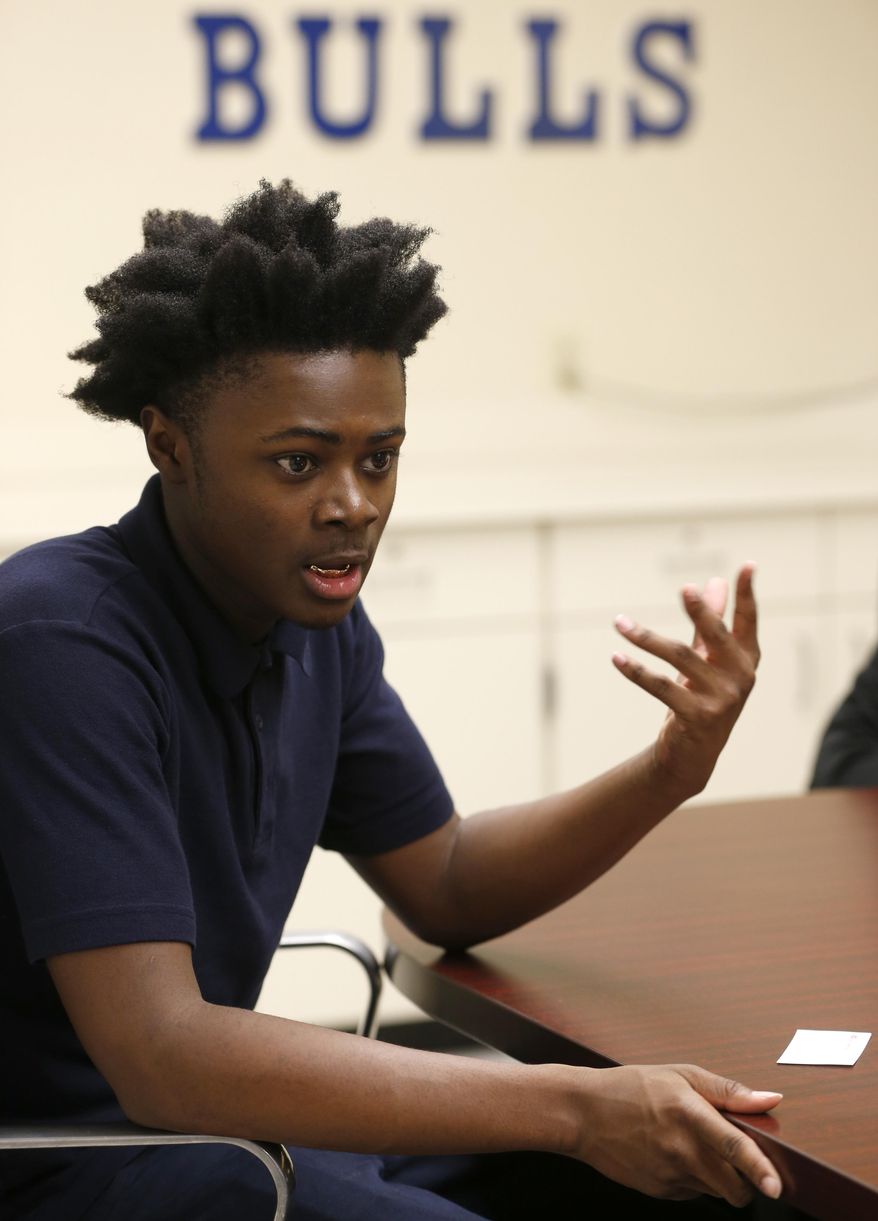 Larry Anderson, a Miami Northwestern Senior High School student who acted in the movie "Moonlight," speaks during an interview with The Associated Press, Monday, Feb. 27, 2017, in Miami. Director Barry Jenkins “came from the same grounds I came from, from the same city,” said Anderson. (AP Photo/Wilfredo Lee)