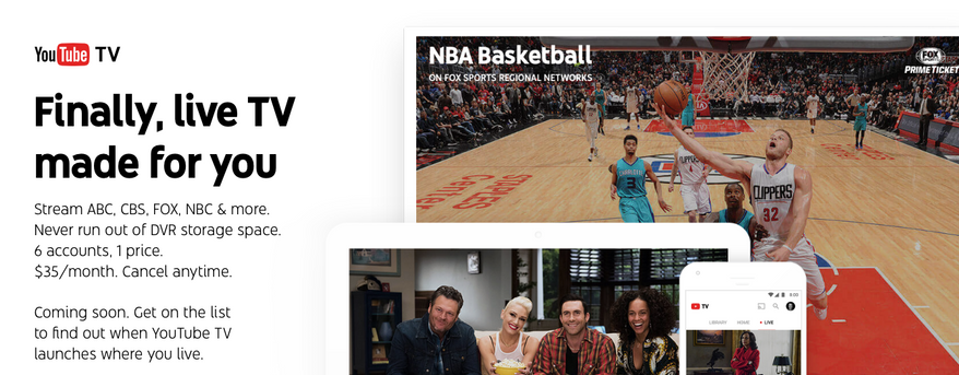 A screen capture from YouTubeTV's sign-up page. The $35 cord-cutter plan will include all four major over-the-air networks, a variety of sports channels and feature 6 sub-accounts and a cloud-based DVR that keeps your recorded content for up to nine months. (YouTube)