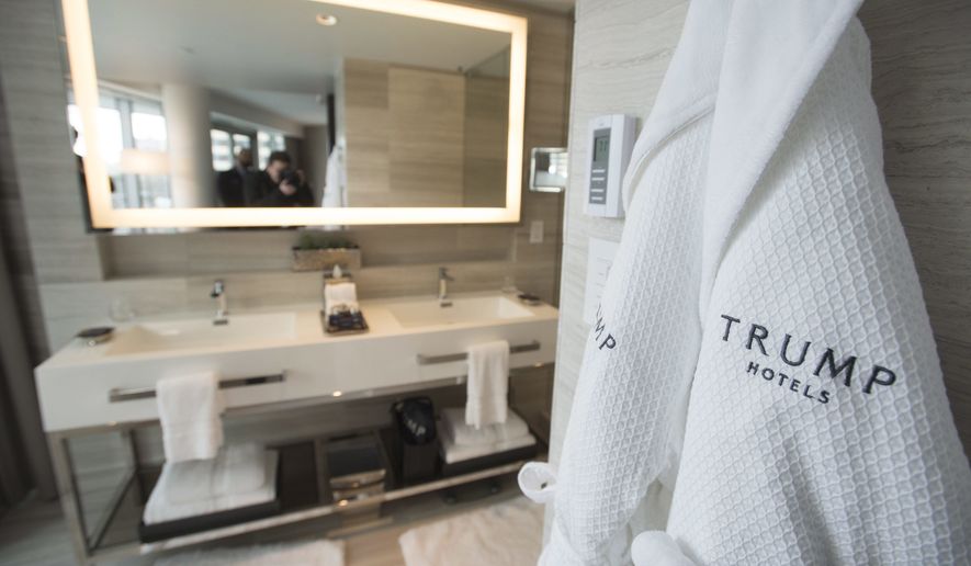 A hotel room's bathroom is pictured at Trump Tower in downtown Vancouver, Canada, Tuesday, Feb. 28, 2017, during the grand opening. (Jonathan Hayward/The Canadian Press via AP)