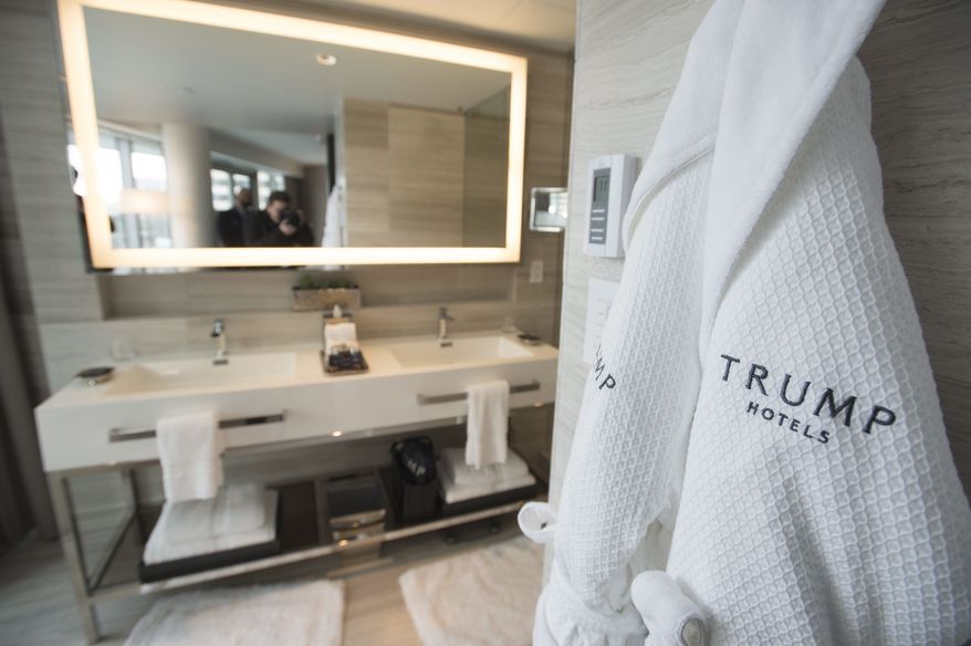 A hotel room's bathroom is pictured at Trump Tower in downtown Vancouver, Canada, Tuesday, Feb. 28, 2017, during the grand opening. (Jonathan Hayward/The Canadian Press via AP)