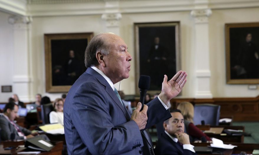 Texas Sen. Juan "Chuy" Hinojosa, D-McAllen, debates a call for a "convention of states" that would amend the U.S. Constitution and impose things like a federal balanced budget requirement and term limits in the senate chamber, Tuesday, Feb. 28, 2017, in Austin, Texas. (AP Photo/Eric Gay)