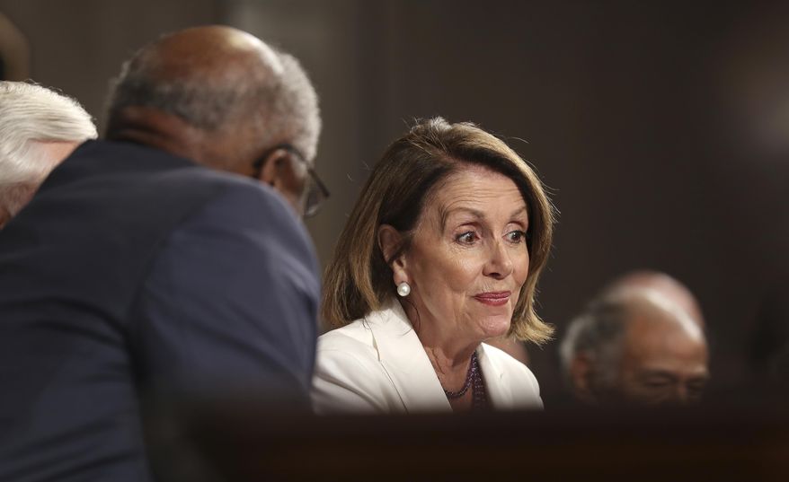 House minority Leader Nancy Pelosi reacts as President Donald J. Trump speaks on Capitol Hill in Washington, Tuesday, Feb. 28, 2017, to a joint session of Congress. (Jim Lo Scalzo/Pool Image via AP)