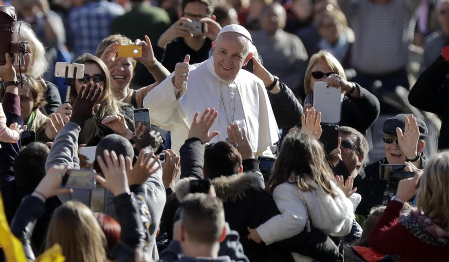 Pope Francis arrives for his weekly general audience in St.Peter's Square, at the Vatican, Wednesday, March 1, 2017. (AP Photo/Andrew Medichini)