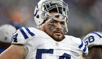 FILE- In this Dec. 18, 2016, file photo, Indianapolis Colts defensive tackle David Parry watches from the sidelines during the second half of an NFL football game against the Minnesota Vikings in Minneapolis. Parry was arrested early Saturday, Feb. 25, 2017, in Scottsdale, Ariz.,, on suspicion of assaulting the driver of a motorized cart and then stealing and crashing the vehicle.  (AP Photo/Charlie Neibergall, File)