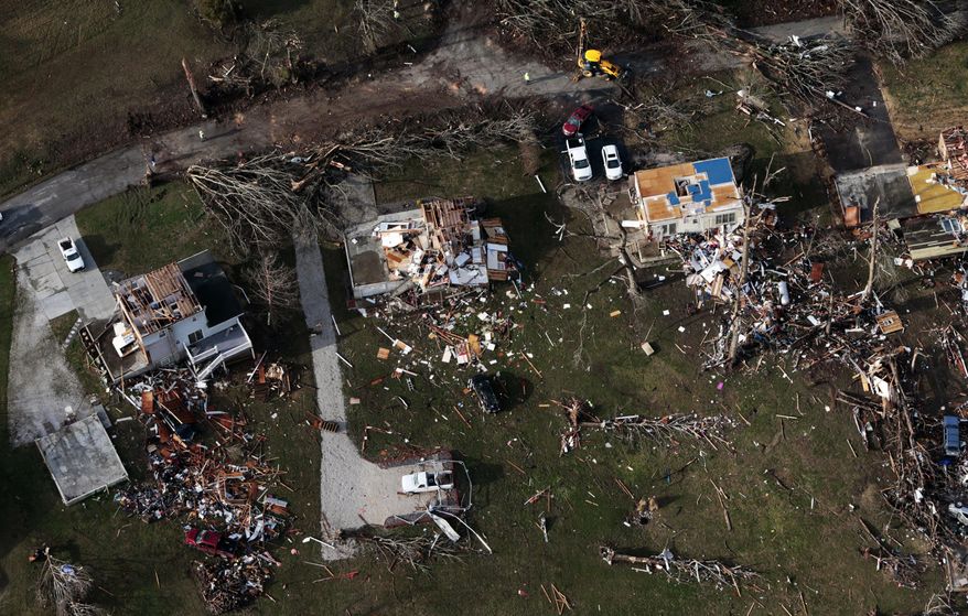 Damaged and destroyed homes lie in a small subdivision in Perryville, Mo., on Wednesday, March 1, 2017, the morning after a tornado struck the area. (Robert Cohen/St. Louis Post-Dispatch via AP)