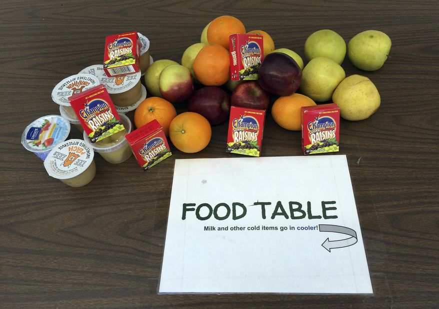 In this Tuesday, Feb. 28, 2017 photo, uneaten food that students have donated sits on a table where it can be shared with classmates at James H. Moran Middle School in Wallingford, Conn. School officials there are criticizing a state policy change that restricts sharing of some uneaten food items. (AP Photo/Michael Melia)