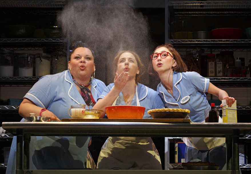 This image released by Boneau/Bryan-Brown shows, Keala Settle, left, Jessie Mueller and Kimiko Glenn, right, during a performance of "Waitress," at the Brooks Atkinson Theatre in New York. (Joan Marcus/Boneau/Bryan-Brown via AP)
