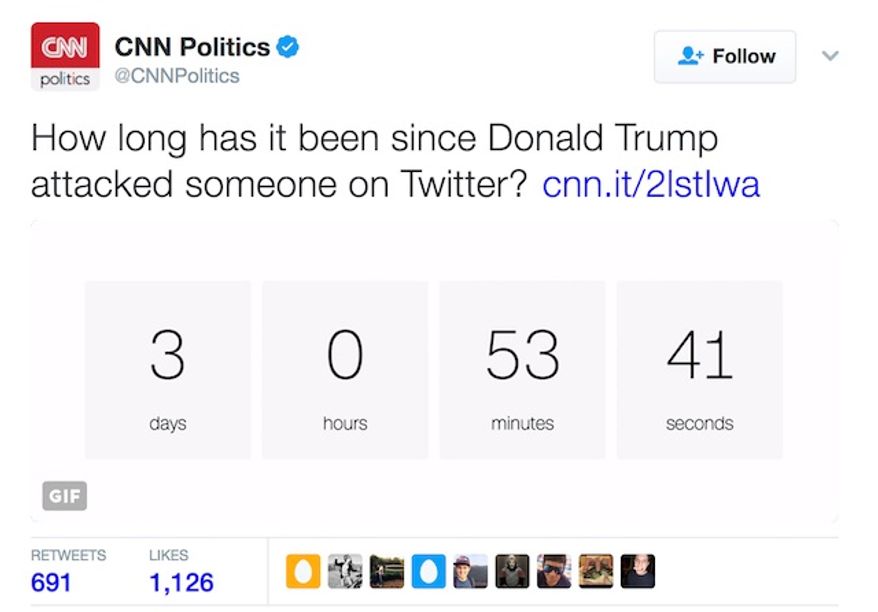 CNN has created a clock that tallies how long President Donald Trump has gone without issuing a personal attack on Twitter. (Twitter, CNN Politics)