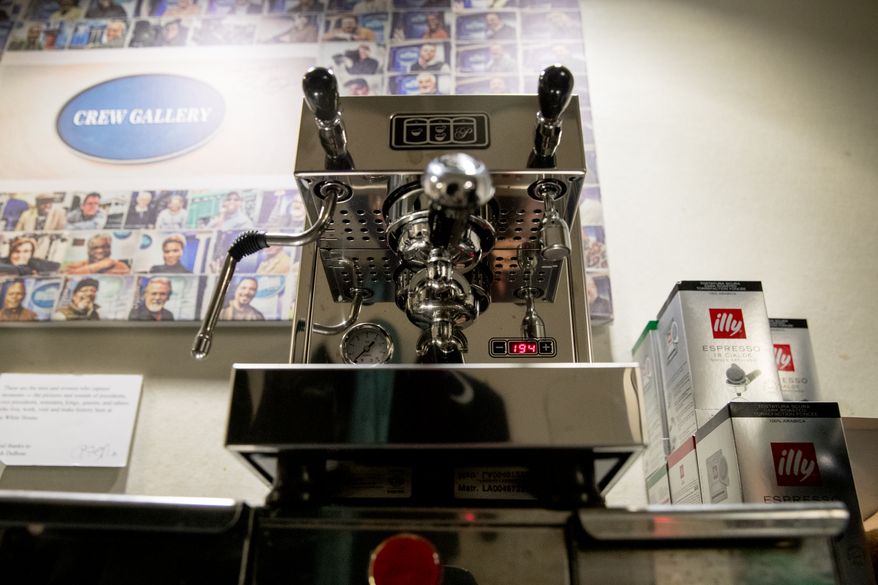 A new espresso machine sits in the break room for the White House Press Corps, Thursday, March 2, 2017, in the White House in Washington. Actor Tom Hanks has given the White House press corps a new espresso machine along with a note that reads "To the White House Press Corps Keep up the good first for Truth, Justice, and the American Way. Especially for the Truth part. Tom Hanks." Hanks has previously given the press corps coffee machines in 2004 and 2010. (AP Photo/Andrew Harnik)