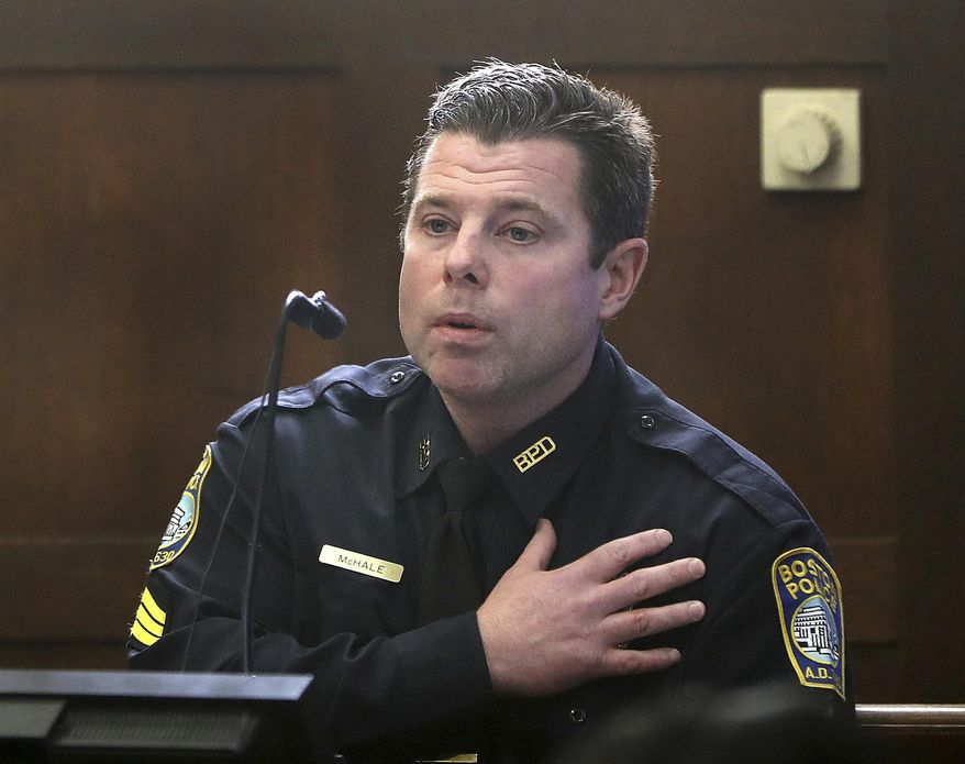 Sergeant Clifton McHale testifies during the double murder trial of Aaron Hernandez at Suffolk Superior Court in Boston, on Thursday, March 2, 2017. Hernandez is charged in the July 2012 killings of Daniel de Abreu and Safiro Furtado who he encountered in a Boston nightclub. The former NFL football player already is serving a life sentence in the 2013 killing of semi-professional football player Odin Lloyd. (Keith Bedford/The Boston Globe via AP, Pool)