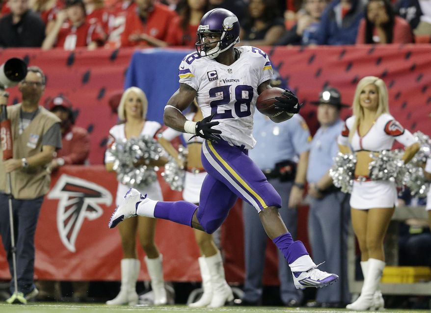 FILE - In this Nov. 29, 2015, file photo, Minnesota Vikings running back Adrian Peterson (28) runs for a touchdown against the Atlanta Falcons during the second half of an NFL football game in Atlanta. Adrian Peterson and Jamaal Charles, both stalwarts for their previous clubs and with All-Pro credentials, are out there. But how many 30-plus running backs get long-term deals, even proven ones such as these? And both will want big bucks. (AP Photo/David Goldman, File)