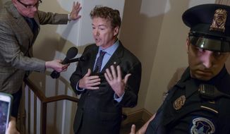 Sen. Rand Paul, R-Ky., holds an impromptu news conference outside a room on Capitol Hill in Washington, Thursday, March 2, 2017, where he charges House Republicans are keeping their Obamacare repeal and replace legislation under lock and key and not available for public view. (AP Photo/J. Scott Applewhite)
