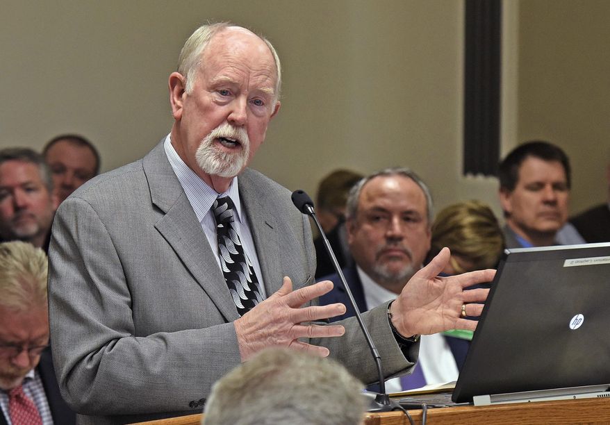 FILE - In this Jan. 17, 2017, file photo, House Majority Leader Rep. Al Carlson, R-Fargo, speaks in front of the House Appropriation Committee in Bismarck, N.D. Carlson proposed six state-owned casinos on Wednesday, March 1, 2017, a move that risks angering American Indian tribes at a time relations have already been rubbed raw by the dispute over the Dakota Access oil pipeline. The only casinos in North Dakota are on the state's five American Indian reservations, and those are central to the tribes' economies. (Tom Stromme/The Bismarck Tribune via AP, File)