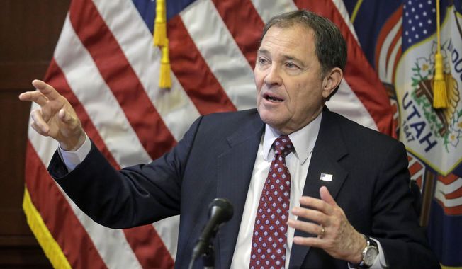 Utah Gov. Gary Herbert speaks during a news conference at the Utah State Capitol Thursday, March 2, 2017, in Salt Lake City. Herbert says there's no evidence that children are any more likely to drink alcohol if they see alcoholic drinks being prepared in restaurants. Utah requires that some restaurants mix and pour alcoholic drinks behind a barrier, with proponents contending that it helps curb underage drinking by shielding minors from the "culture of alcohol." (AP Photo/Rick Bowmer)