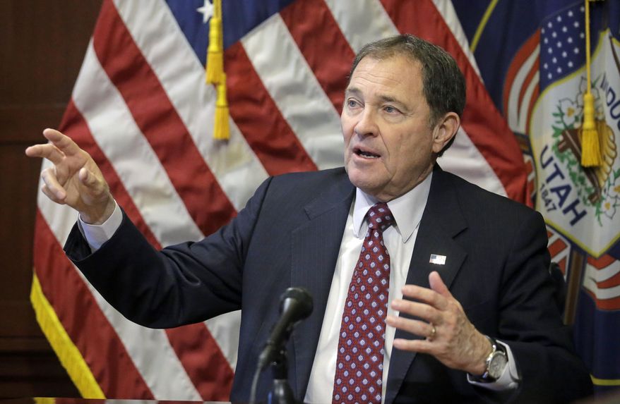 Utah Gov. Gary Herbert speaks during a news conference at the Utah State Capitol Thursday, March 2, 2017, in Salt Lake City. Herbert says there's no evidence that children are any more likely to drink alcohol if they see alcoholic drinks being prepared in restaurants. Utah requires that some restaurants mix and pour alcoholic drinks behind a barrier, with proponents contending that it helps curb underage drinking by shielding minors from the "culture of alcohol." (AP Photo/Rick Bowmer)