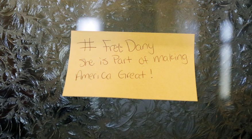 A sticky note, calls for freeing 22-year old Daniela Vargas, a Argentine native who has lived in the United States since she was seven years old, was placed on a lawmaker's office door at the Capitol in Jackson, Miss., Friday, March 3, 2017, Vargas was detained, March 1, by immigration agents who state that she is a "unlawfully present Argentinian citizen" during a "targeted immigration enforcement action." (AP Photo/Rogelio V. Solis)