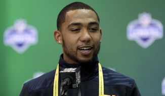 San Diego State running back Donnel Pumphrey speaks during a news conference at the NFL football scouting combine Thursday, March 2, 2017, in Indianapolis. (AP Photo/David J. Phillip)