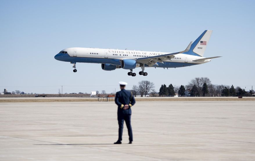 A plane arrives with Vice President Mike Pence on board at the Southern Wisconsin Regional Airport in Janesville, Wis., on March 3, 2017. (Angela Major/The Janesville Gazette via AP)