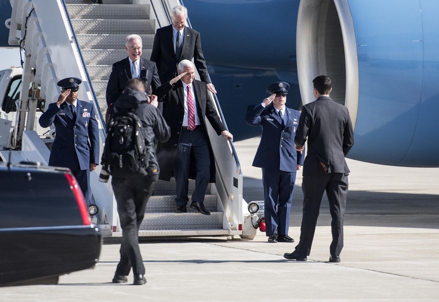 Vice President Mike Pence arrives at the Southern Wisconsin Regional Airport in Janesville, Wis., on March 3, 2017. (Angela Major/The Janesville Gazette via AP)