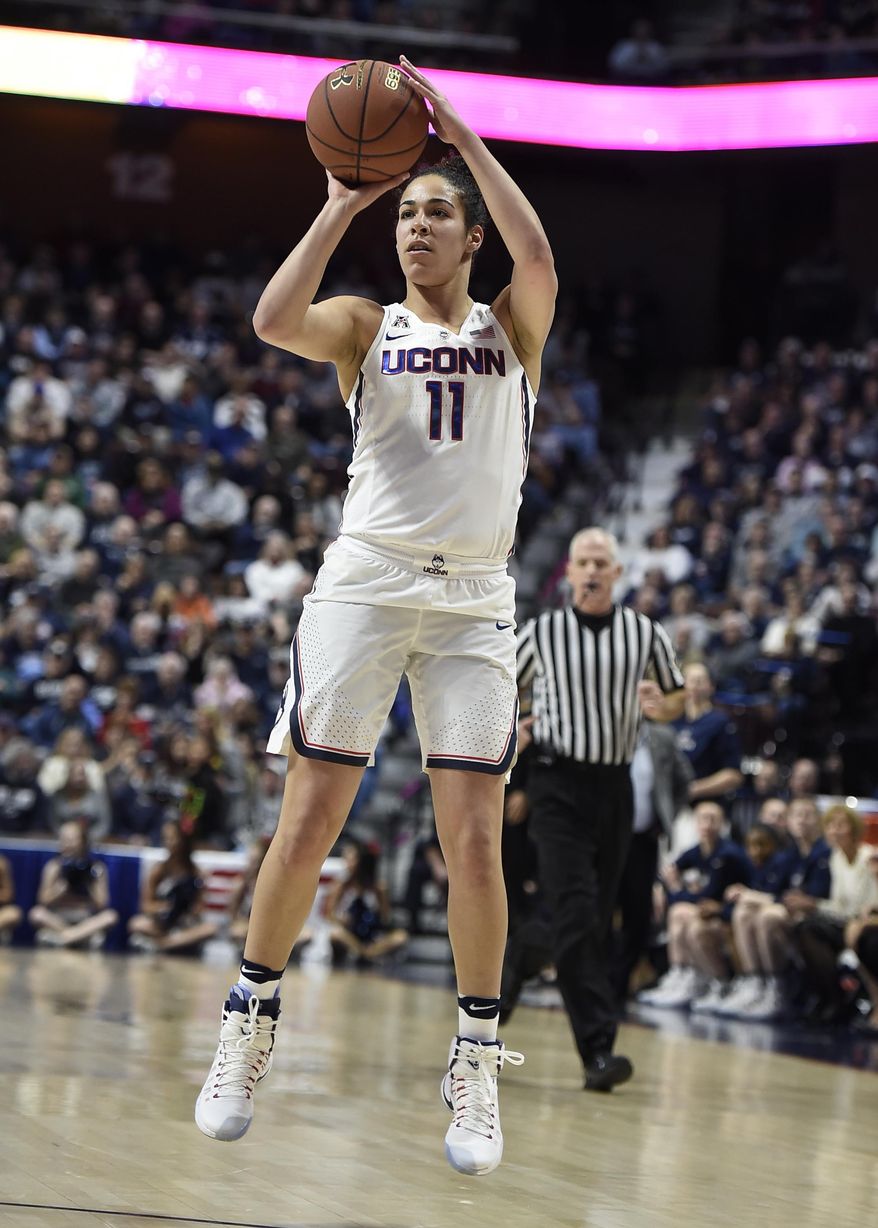Connecticut&#39;s Kia Nurse shoots during the first half of an NCAA college basketball game against Tulsa in the American Athletic Conference tournament quarterfinals at Mohegan Sun Arena, Saturday, March 4, 2017, in Uncasville, Conn. (AP Photo/Jessica Hill)