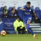 Leicester City&#x27;s Riyad Mahrez scores his sides second goal during their English Premier League match against Hull City at the King Power Stadium, Leicester, England, Saturday, March 4, 2017. (Steve Paston/PA via AP)