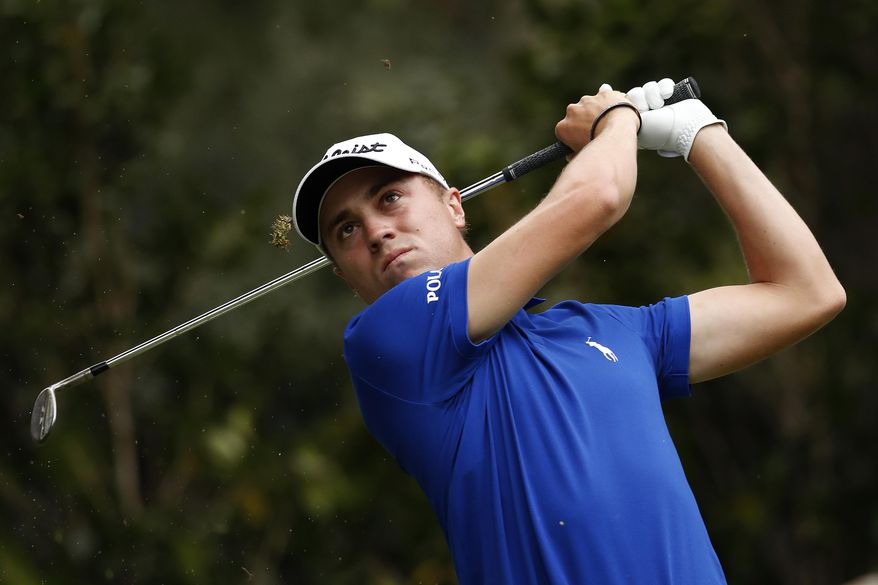 Justin Thomas, of the U.S., tees off on the 17th hole in round three of the Mexico Championship at Chapultepec Golf Club in Mexico City, Saturday, March 4, 2017. All but one of the world's top 50 golfers are contesting the World Golf Championship PGA event, which this year relocated to Mexico City from the Trump National Doral Resort in Florida. (AP Photo/Eduardo Verdugo)