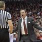 Louisville&#x27;s head coach Rick Pitino argues a call with a game official during the first half of an NCAA college basketball game against Notre Dame, Saturday, March 4, 2017, in Louisville, Ky. (AP Photo/Timothy D. Easley)