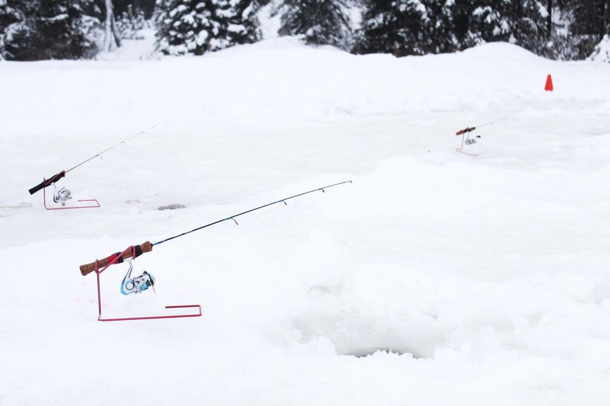 ADVANCE FOR WEEKEND MARCH 4-5, 2017 AND THEREAFTER - In this Feb. 24, 2017 photo, fishing rods stand poised to be used by students from Kaleidescope School of Arts and Sciences during one of three ice fishing outings put on by the Alaska Department of Fish and Game at Sport Lake in Soldotna, Alaska. The ice fishing outings are part of the Department of Fish and Game's "Salmon in the Classroom" program that several classes throughout the Kenai Peninsula Borough School District take part in each year. (Megan Pacer/Peninsula Clarion via AP)