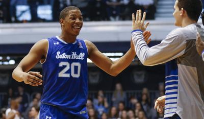 Seton Hall forward Desi Rodriguez (20) reacts during the second half of an NCAA college basketball game, Saturday, March 4, 2017, in Indianapolis. Seton Hall won 70-64. (AP Photo/Sam Riche)