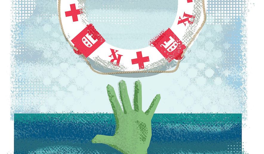 Illustration on rescue plans for Obamacare members by Linas Garsys/The Washington Times