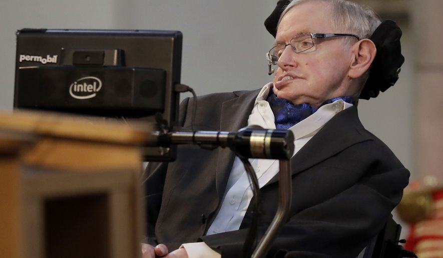 Britain&#x27;s Professor Stephen Hawking delivers a keynote speech as he receives the Honorary Freedom of the City of London during a ceremony at the Guildhall in the City of London, Monday, March 6, 2017. Hawking was presented the City of London Corporation&#x27;s highest award Monday in recognition of his outstanding contribution to theoretical physics and cosmology. (AP Photo/Matt Dunham)